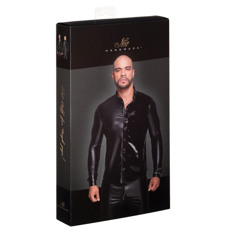 Powerwetlook PVC Long Sleeved Shirt w Button Placket-H064-BLK-S