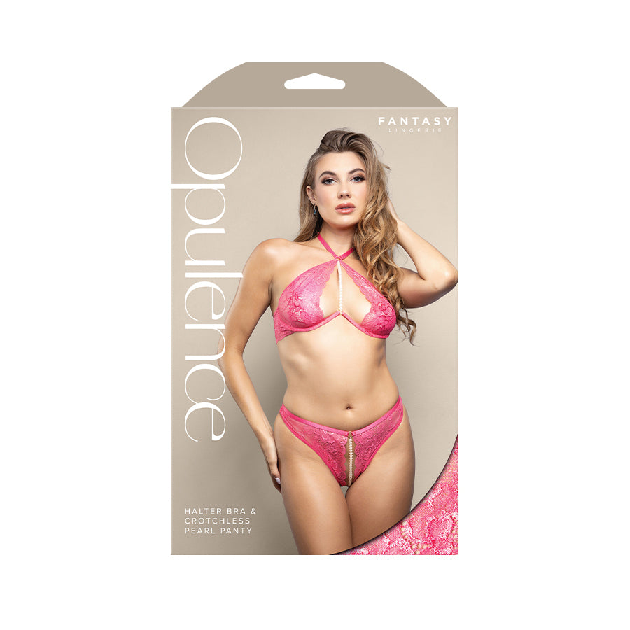 OPULENCE Halter Bra & Crotchless Pearl Panty SM - Pink - S/M Size - 2636HPK-SM-B
