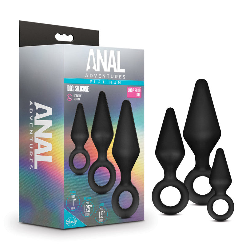 Anal Adventures Platinum Loop Plug Kit - Black Butt Plugs - Set of 3 Sizes-BL-310175