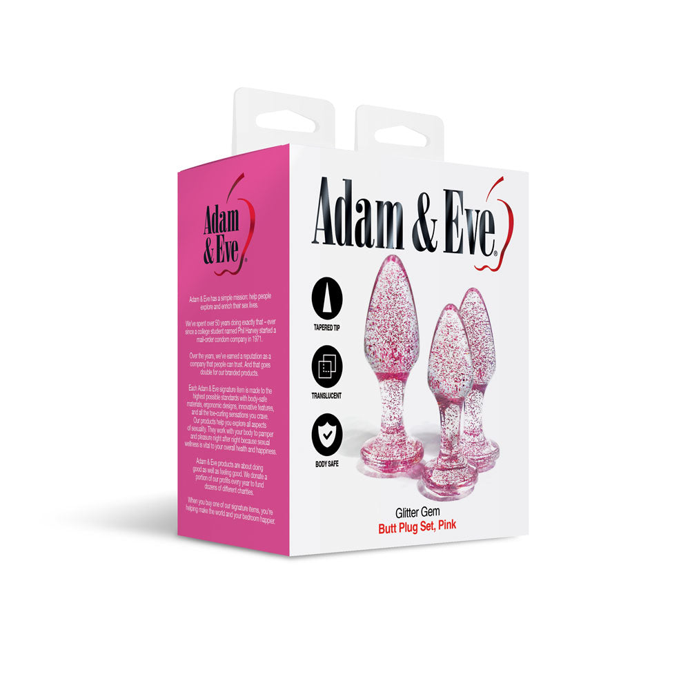 Adam & Eve Glitter Gem 3-Piece Butt Plug Set - Pink - Glitter Pink Butt Plugs - Set of 3 Sizes-G135 6200