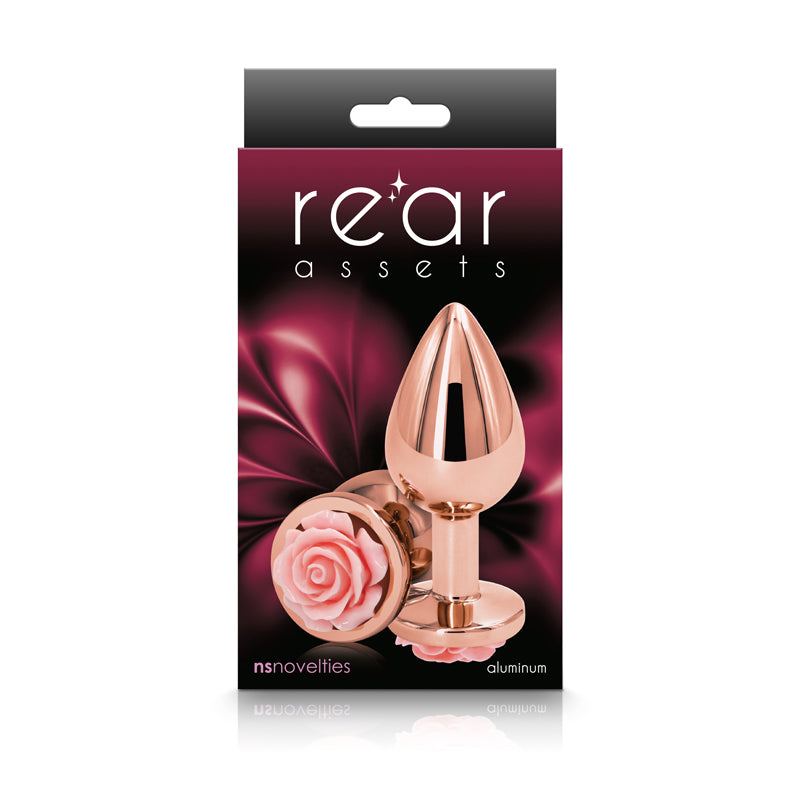 Rear Assets Rose - Medium - Rose Gold 8.9 cm Metal Butt Plug with Pink Rose Base-NSN-0965-24