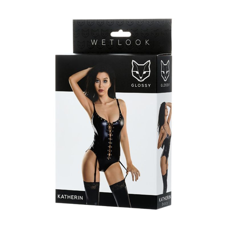 Glossy Wetlook Lace Up Bodysuit Katherin-955019-S