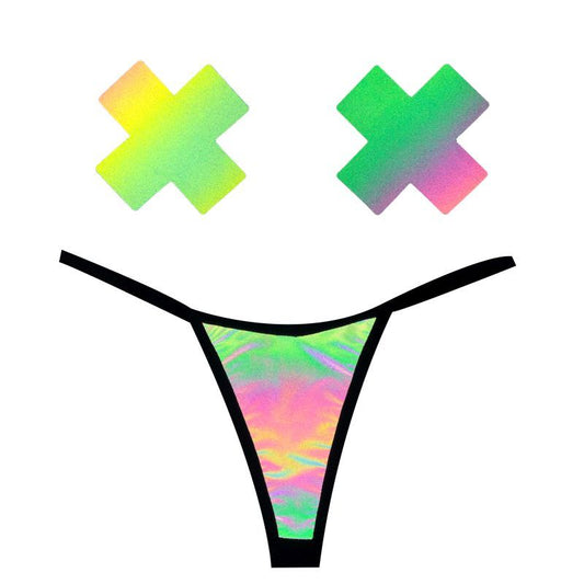Rainbow Reflective G-String and X Pastie Set-GST-RBR-NKX