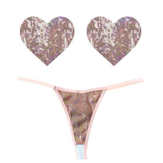Bubbly Feels Nude Sequin Pantie and Heart Pastie Set-GST-PEA-NKH