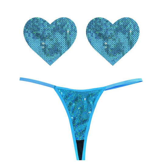 Mahi Mahi Blue Sequin G-String and Heart Pastie Set-GST-MAH-NKH