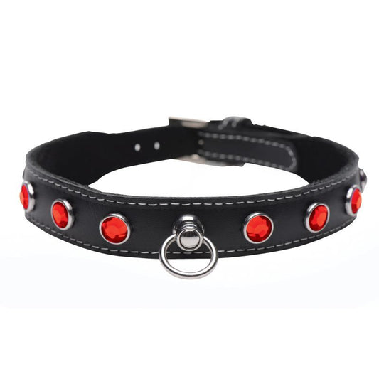 Bling Vixen Leather Choker w Red Rhinestones-AG800-RED