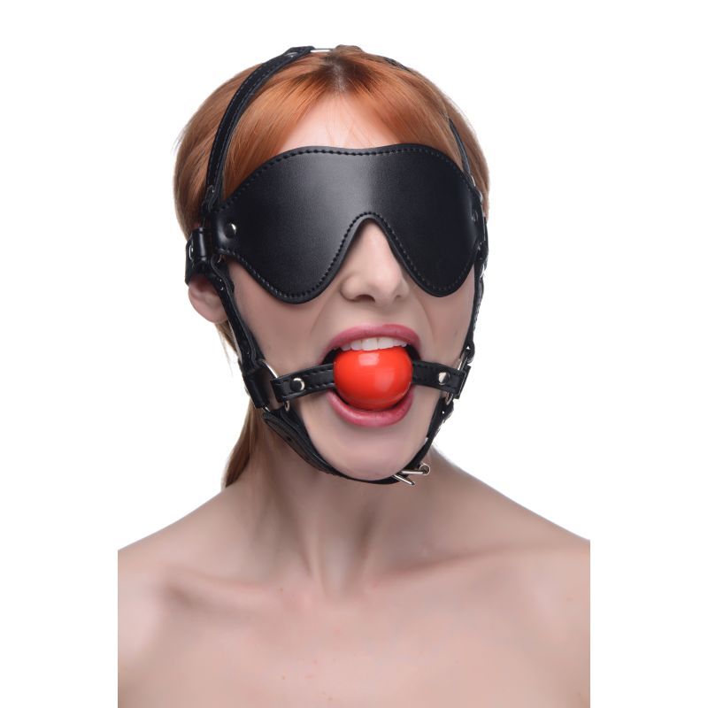 Blindfold Harness w Ball Gag-AG696-BLK