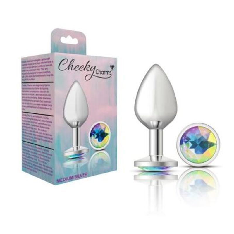 Cheeky Charms Silver Round Butt Plug w Clear Iridescent Jewel Large-VB-CC9116-L