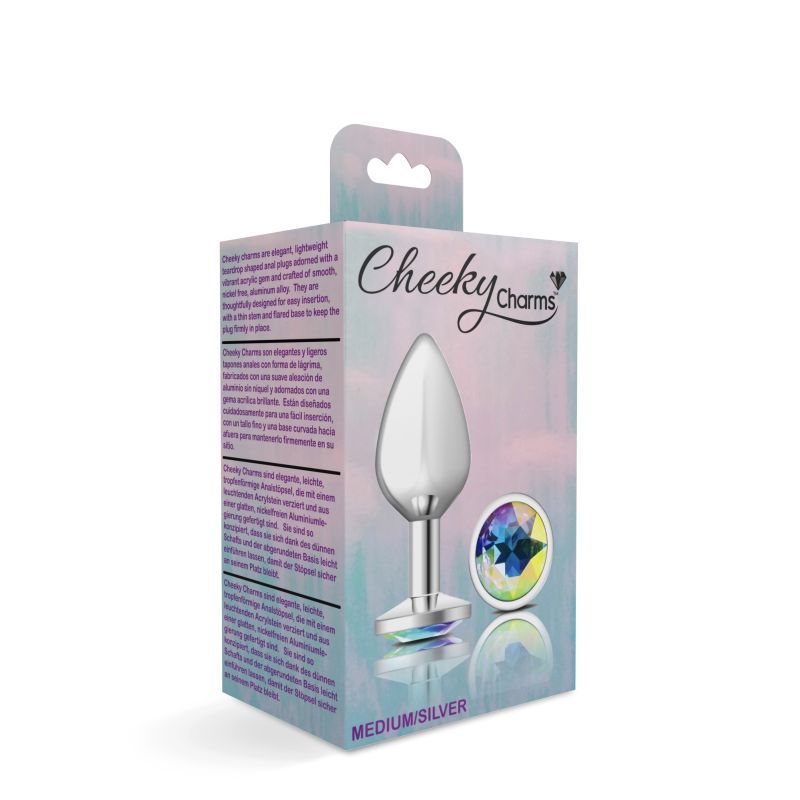 Cheeky Charms Silver Round Butt Plug w Clear Iridescent Jewel Large-VB-CC9116-L