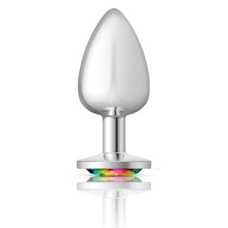 Cheeky Charms Silver Round Butt Plug w Rainbow Jewel Large-VB-CC9119-L