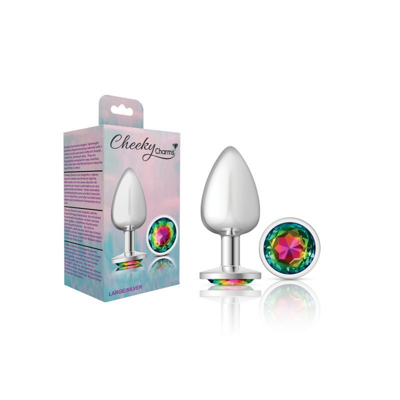 Cheeky Charms Silver Round Butt Plug w Rainbow Jewel Large-VB-CC9119-L