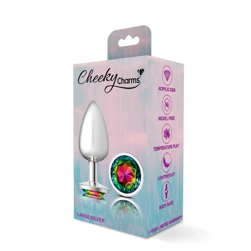 Cheeky Charms Silver Round Butt Plug w Rainbow Jewel Large-VB-CC9119-L