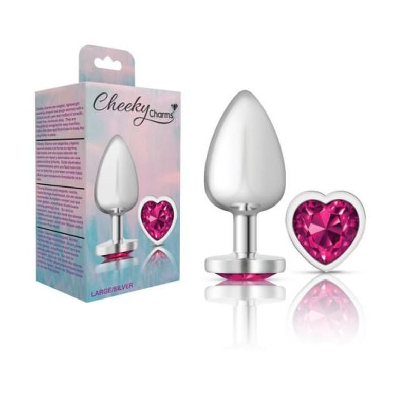 Cheeky Charms Silver Metal  Butt Plug w Heart Pink Jewel Large-VB-CC9131-L