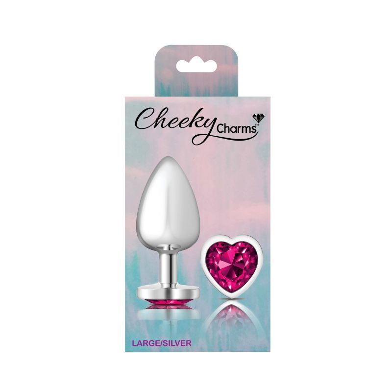 Cheeky Charms Silver Metal  Butt Plug w Heart Pink Jewel Large-VB-CC9131-L