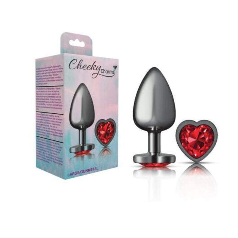 Cheeky Charms Gunmetal  Butt Plug w Heart Red Jewel Large-VB-CC9137-L