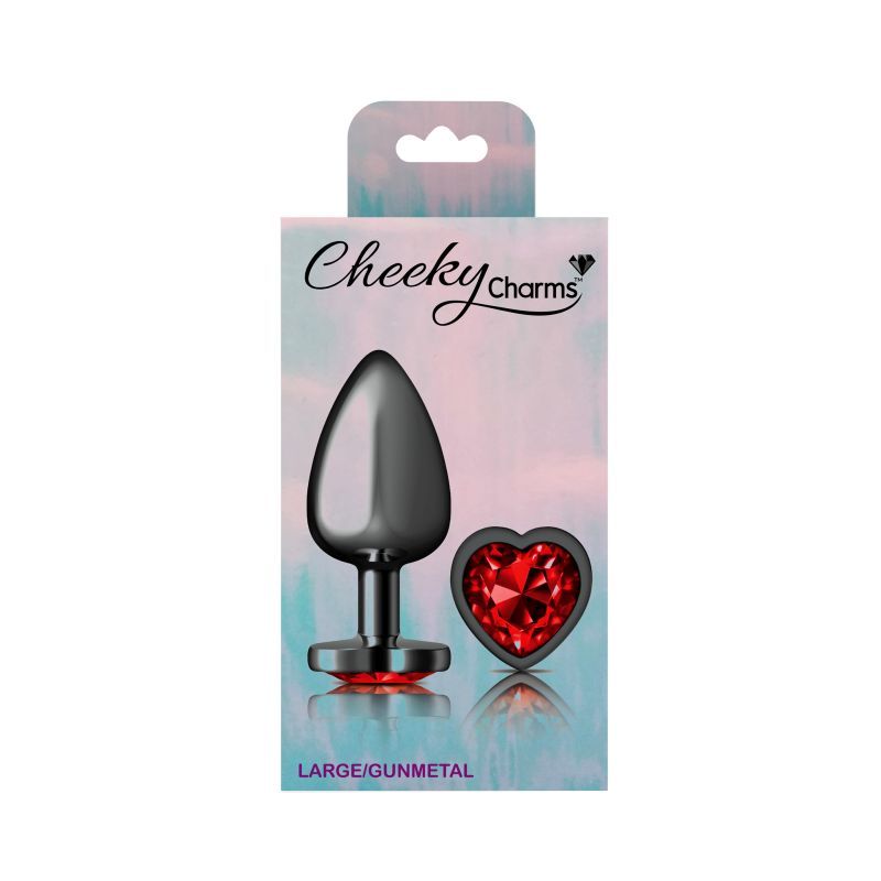 Cheeky Charms Gunmetal  Butt Plug w Heart Red Jewel Large-VB-CC9137-L