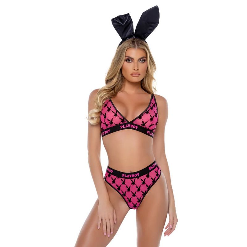 Playboy Flocked Bunny 2 Pc Lingerie Set Pink-PBLI161-PNK-XS