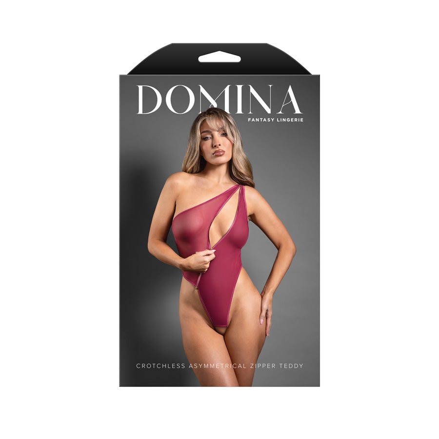 DOMINA Crotchless Asymmetrical Zipper Teddy - M/L - Berry Red - M/L Size - 2523BRY-ML-B