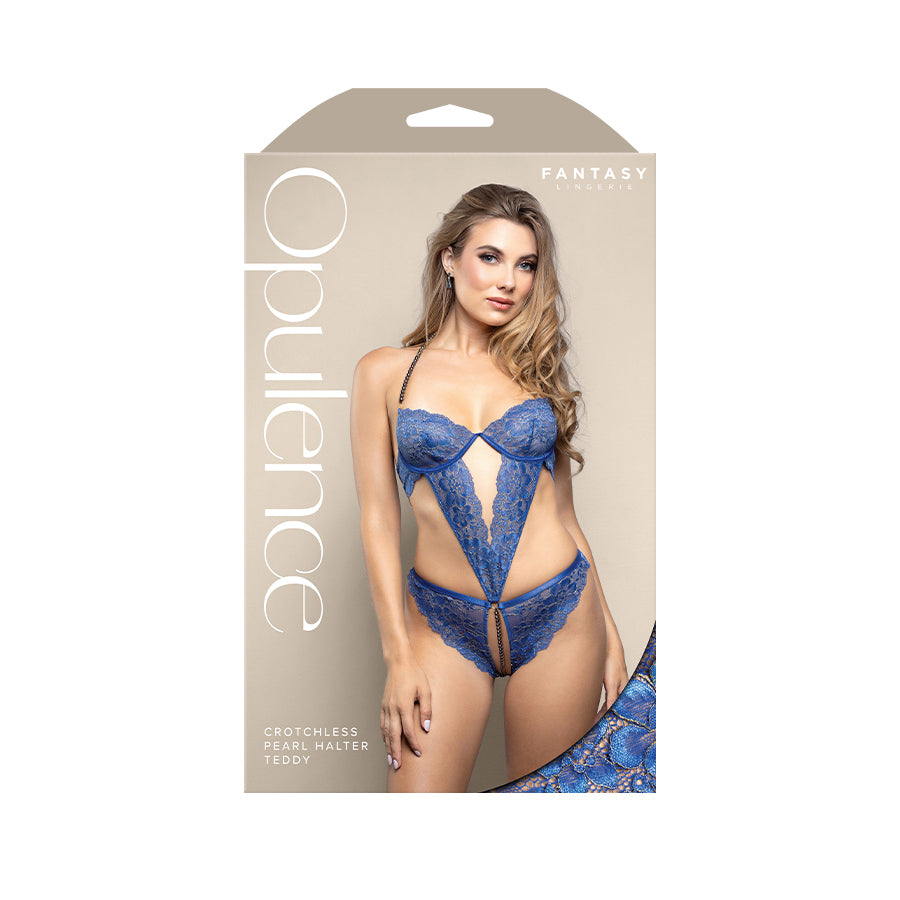 OPULENCE Crotchless Pearl Halter Teddy ML - Royal Blue - M/L Size - 2642BLU-ML-B