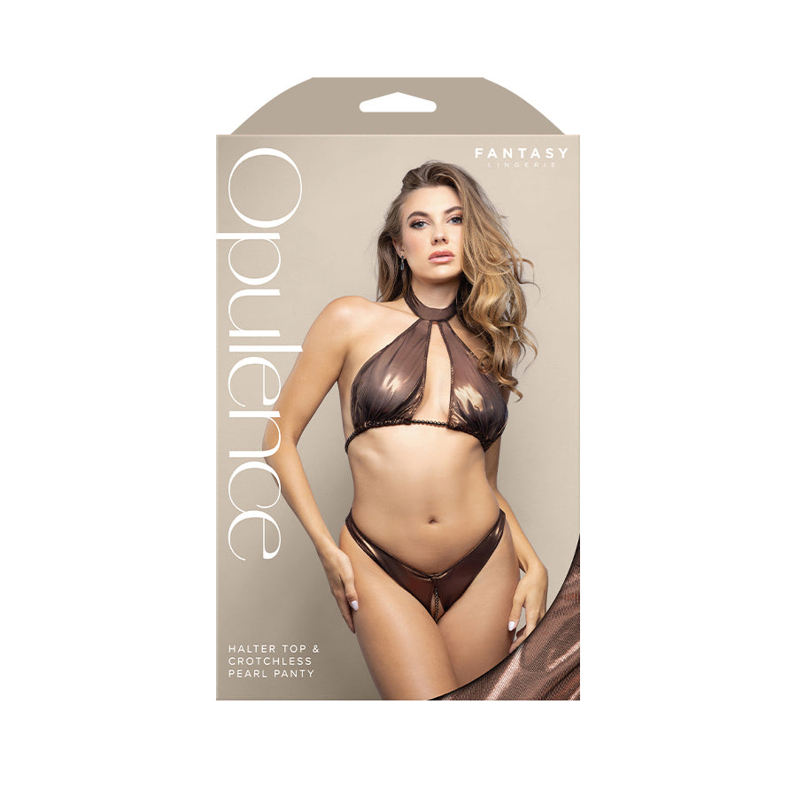 OPULENCE Halter Top & Crotchless Pearl Panty ML - Chocolate - M/L Size - 2643CHO-ML-B
