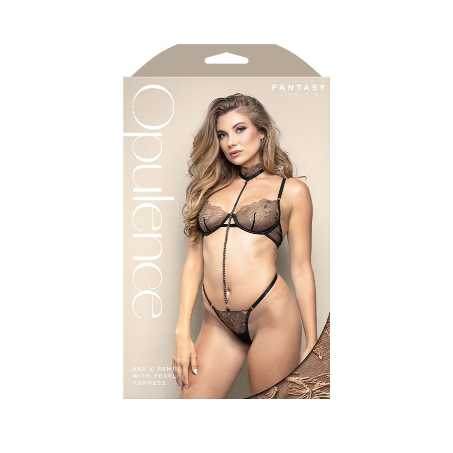 OPULENCE Bra & Panty with Pearl Harness ML - Black - M/L Size - 2645BLK-ML-B