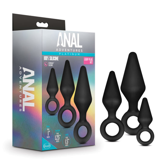 Anal Adventures Platinum Loop Plug Kit - Black Butt Plugs - Set of 3 Sizes-BL-310175
