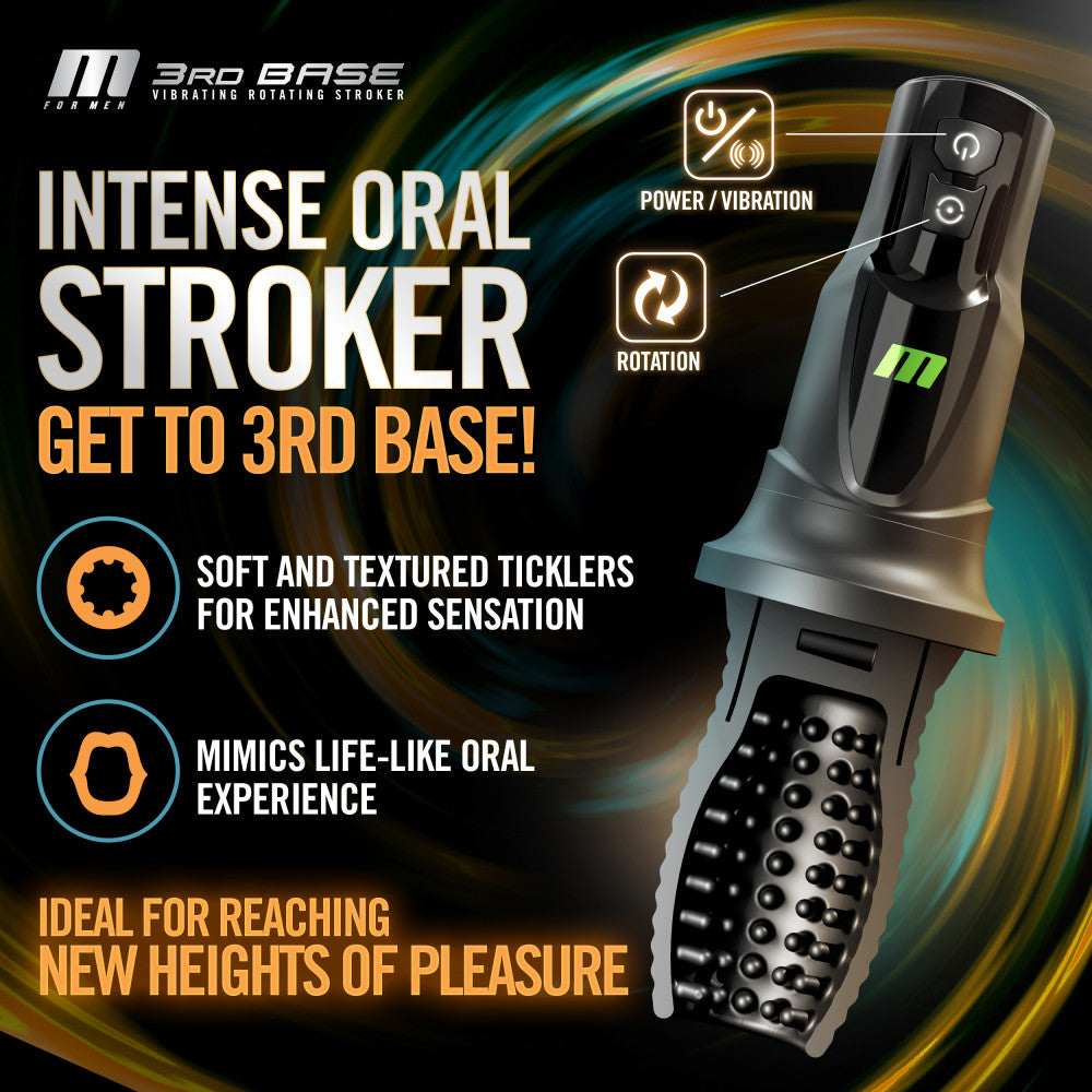 M For Men - 3rd Base - Black USB Rechargeable Vibrating & Rotating Auto Stroker-BL-82605