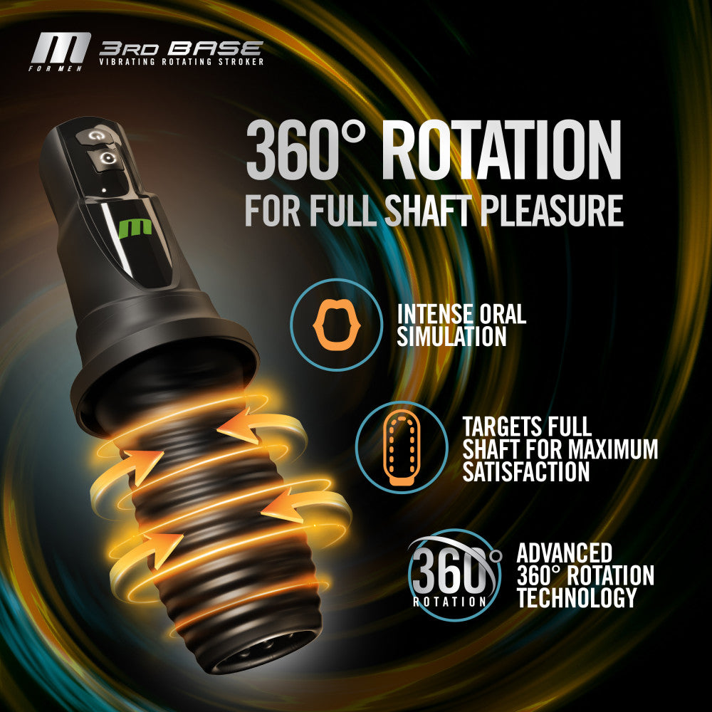 M For Men - 3rd Base - Black USB Rechargeable Vibrating & Rotating Auto Stroker-BL-82605
