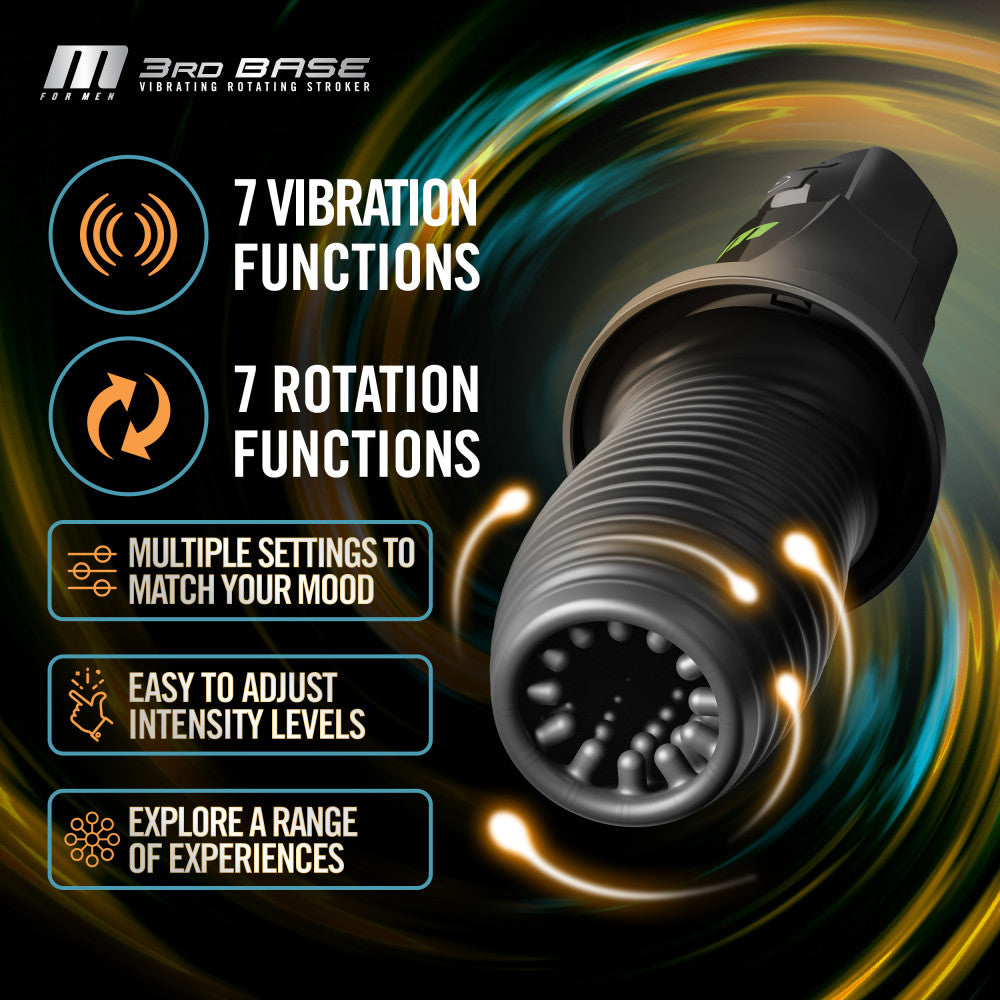 M For Men - 3rd Base - Black USB Rechargeable Vibrating & Rotating Auto Stroker-BL-82605