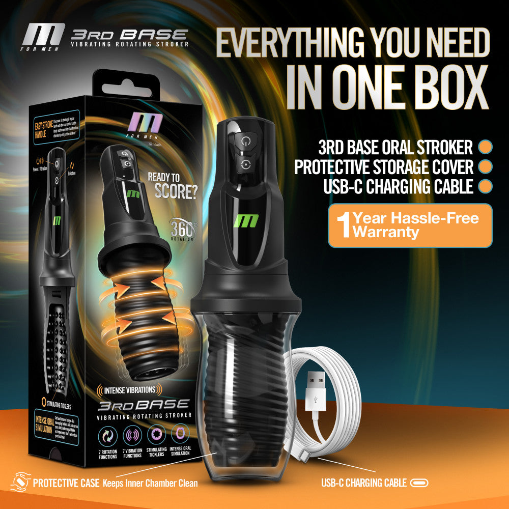 M For Men - 3rd Base - Black USB Rechargeable Vibrating & Rotating Auto Stroker-BL-82605