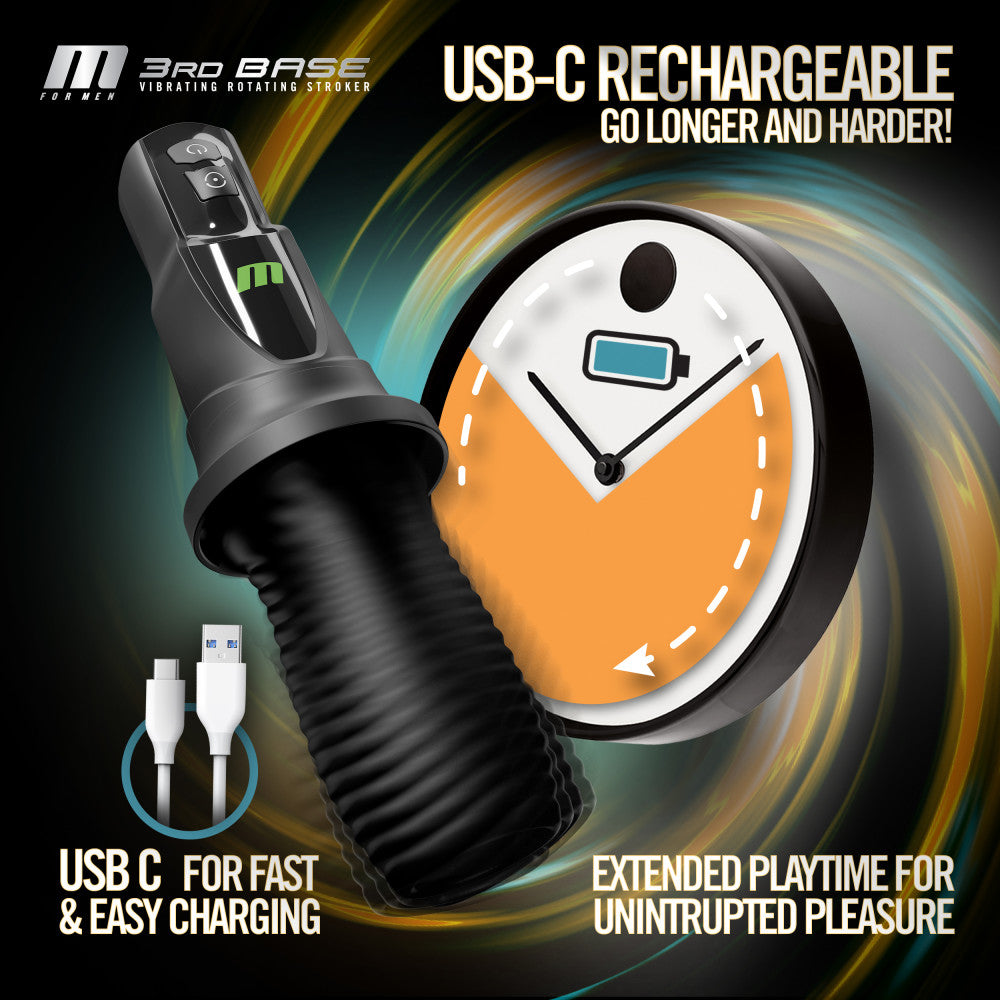 M For Men - 3rd Base - Black USB Rechargeable Vibrating & Rotating Auto Stroker-BL-82605