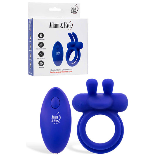 Adam & Eve ROCKIN RABBIT 2.0 - Blue USB Rechargeable Vibrating Cock Ring with Wireless Remote-J937 4000