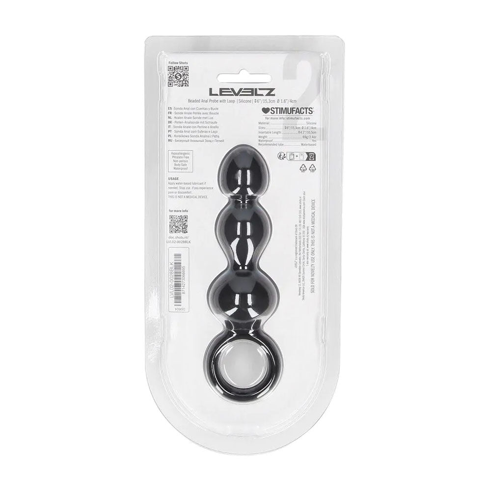 LEVELZ Beaded Silicone Anal Probe with Loop - Black 15.3 cm Beaded Anal Plug-LVL02-0028BLK
