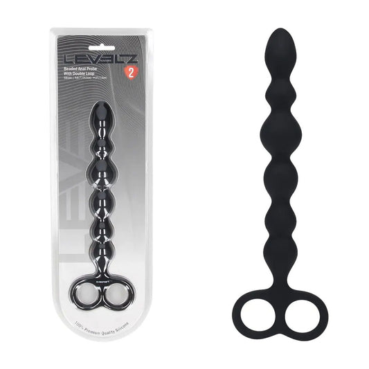 LEVELZ Beaded Silicone Anal Probe with Double Loop - Black 24.5 cm Anal Beads-LVL02-0031BLK