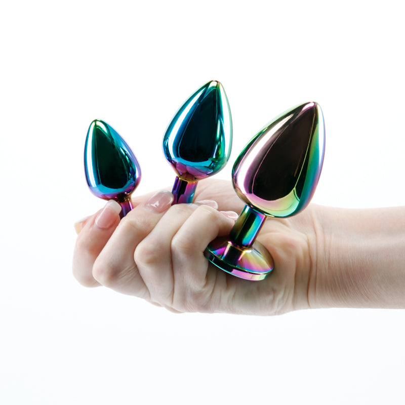 Rear Assets Trainer Kit - Multicolour - Rainbow Heart - Multi Coloured Metallic Butt Plugs with Rainbow Hearts - Set of 3 Sizes-NSN-0960-02