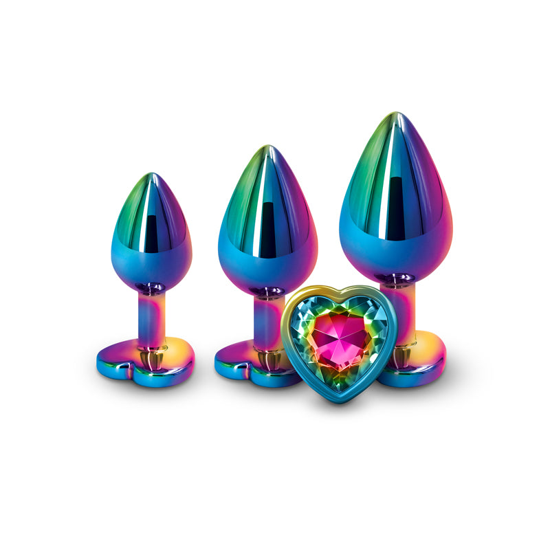 Rear Assets Trainer Kit - Multicolour - Rainbow Heart - Multi Coloured Metallic Butt Plugs with Rainbow Hearts - Set of 3 Sizes-NSN-0960-02
