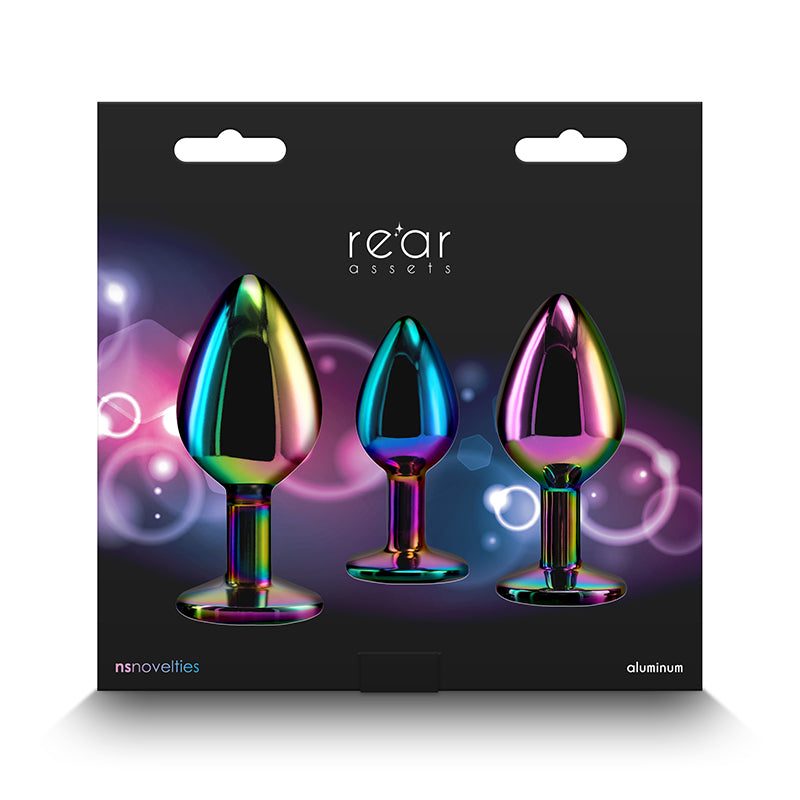 Rear Assets Trainer Kit - Multicolour - Rainbow Heart - Multi Coloured Metallic Butt Plugs with Rainbow Hearts - Set of 3 Sizes-NSN-0960-02