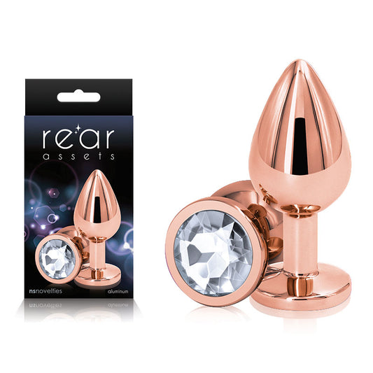 Rear Assets Rose Gold Medium - Rose Gold Medium Metal Butt Plug with Clear Gem Base-NSN-0961-21