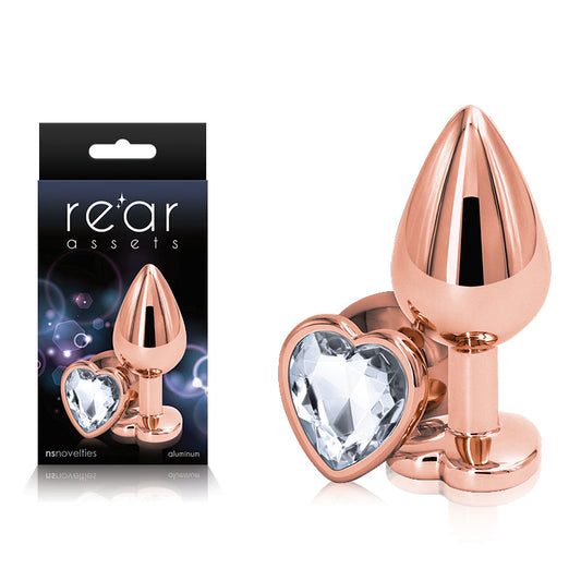 Rear Assets Rose Gold Heart Medium - Rose Gold Medium Metal Butt Plug with Clear Heart Gem Base-NSN-0963-21