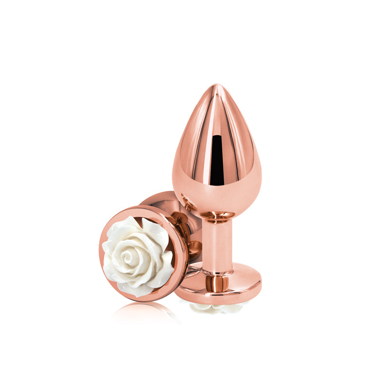 Rear Assets Rose - Medium - Rose Gold 8.9 cm Metal Butt Plug with White Rose Base-NSN-0965-21