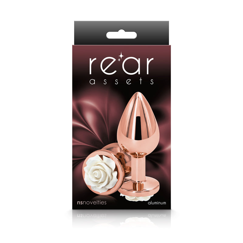 Rear Assets Rose - Medium - Rose Gold 8.9 cm Metal Butt Plug with White Rose Base-NSN-0965-21