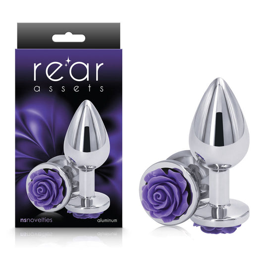 Rear Assets Rose - Medium - Chrome 8.9 cm Metal Butt Plug with Purple Rose Base-NSN-0965-25