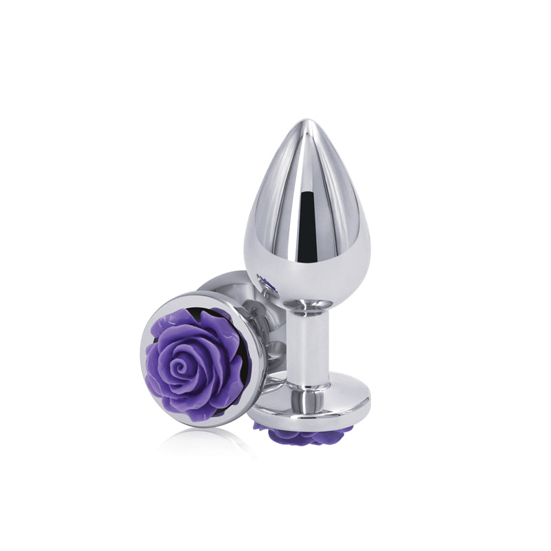 Rear Assets Rose - Medium - Chrome 8.9 cm Metal Butt Plug with Purple Rose Base-NSN-0965-25