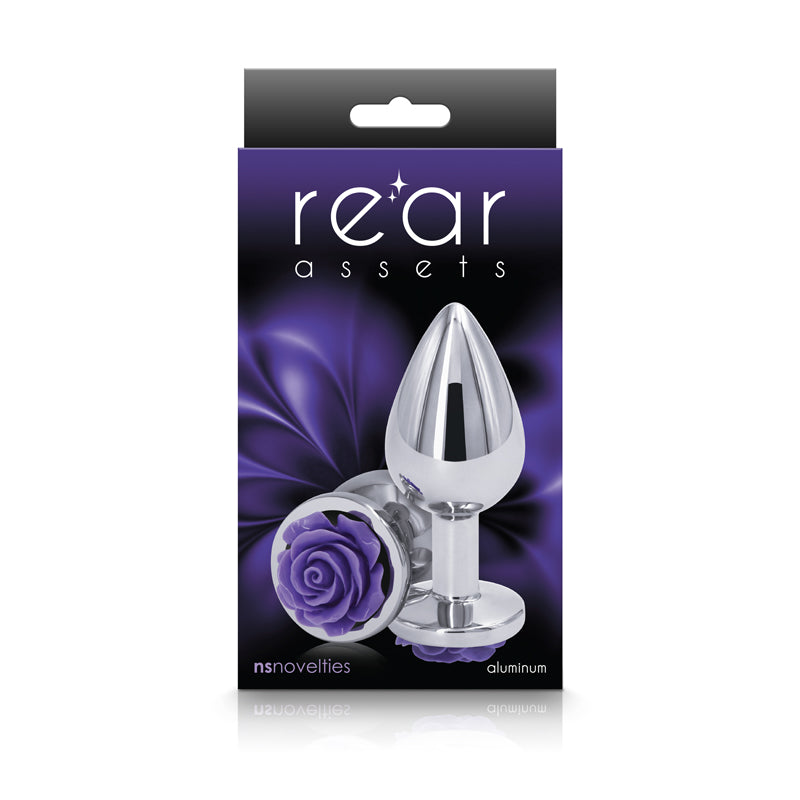 Rear Assets Rose - Medium - Chrome 8.9 cm Metal Butt Plug with Purple Rose Base-NSN-0965-25