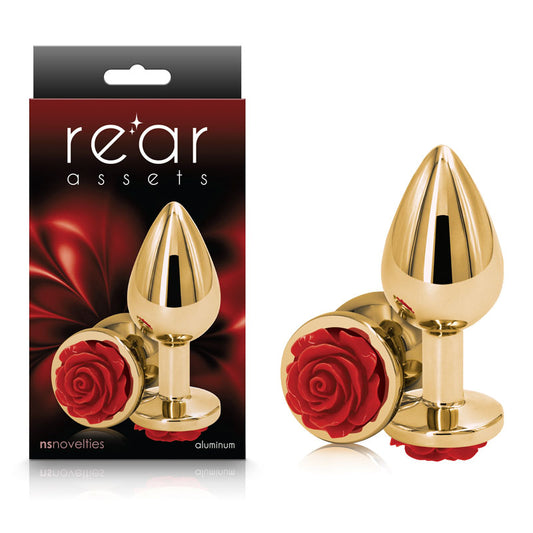 Rear Assets Rose - Medium - Gold 8.9 cm Metal Butt Plug with Red Rose Base-NSN-0965-26