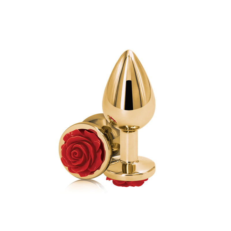 Rear Assets Rose - Medium - Gold 8.9 cm Metal Butt Plug with Red Rose Base-NSN-0965-26