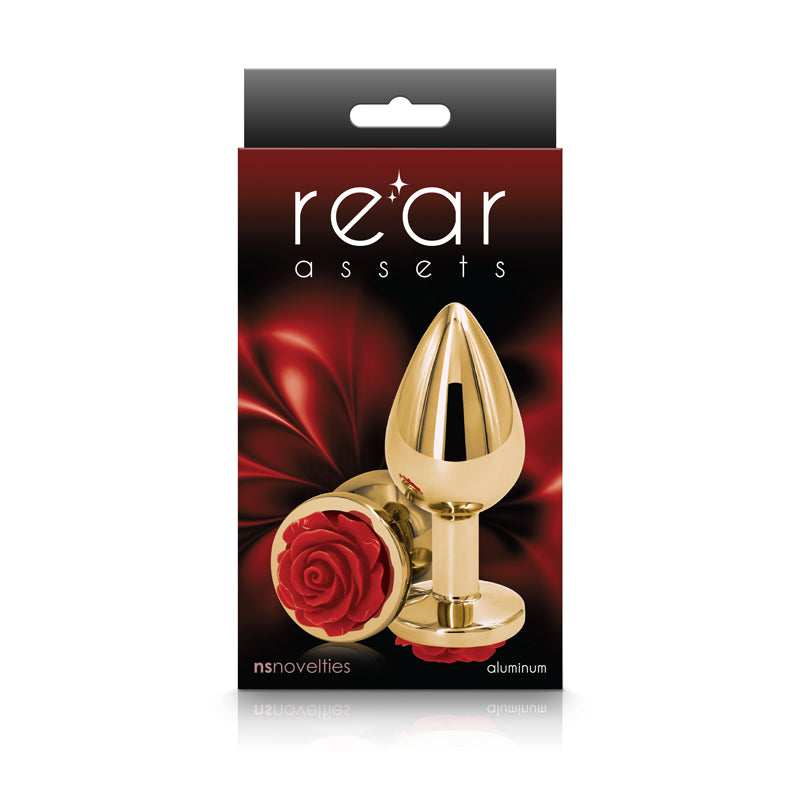 Rear Assets Rose - Medium - Gold 8.9 cm Metal Butt Plug with Red Rose Base-NSN-0965-26