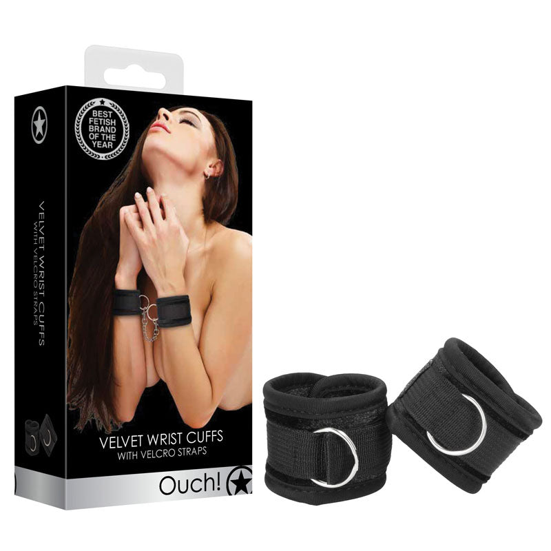 OUCH! Velvet & Velcro Adjustable Handcuffs - Black Restraints-OU516BLK