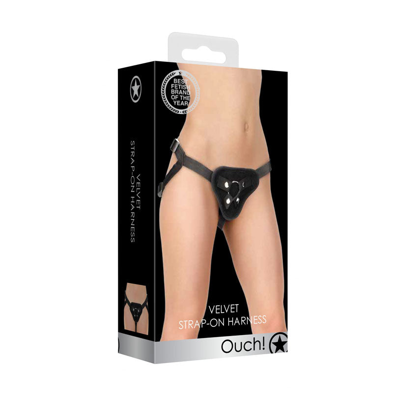 OUCH! Velvet & Velcro Adjustable Harness with O-Ring - Black Strap-On Harness (No Probe Included)-OU525BLK