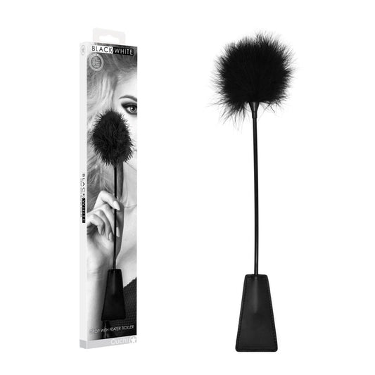 OUCH! Black & White Crop with Feather Tickler - Black 44 cm Feather Crop-OU693BLK